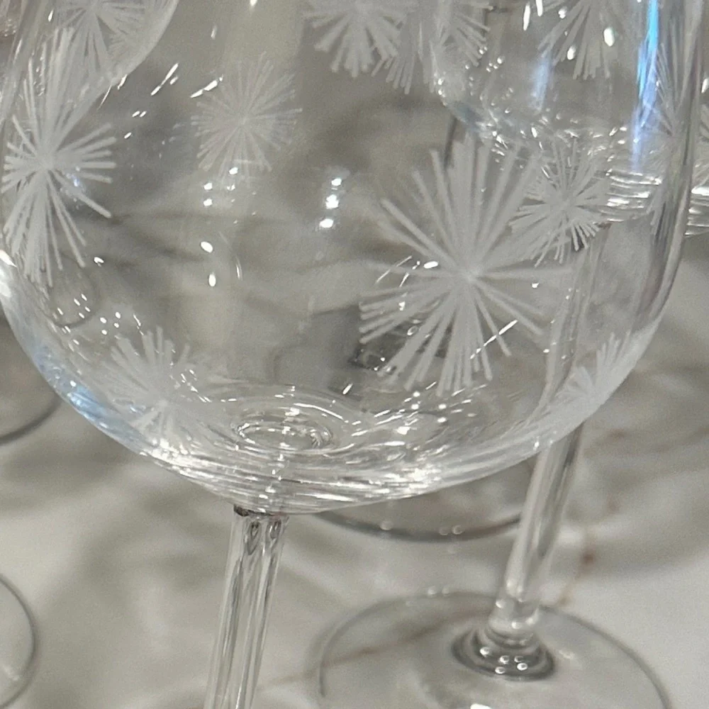 4 Crate&Barrel Clear Etched Wine Glasses